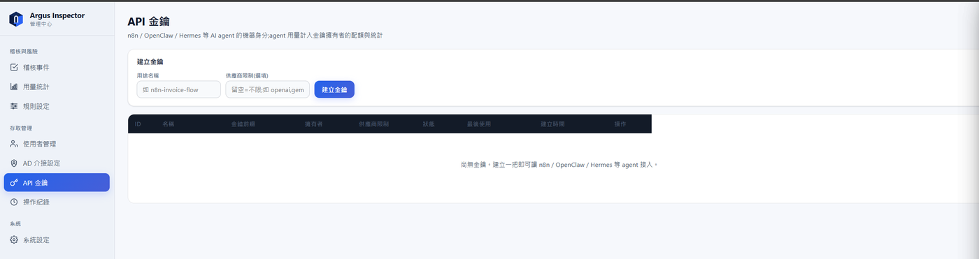 Argus Inspector API 金鑰頁面，提供建立金鑰的用途名稱與供應商限制欄位，下方表格可列出金鑰的擁有者、狀態與最後使用時間。