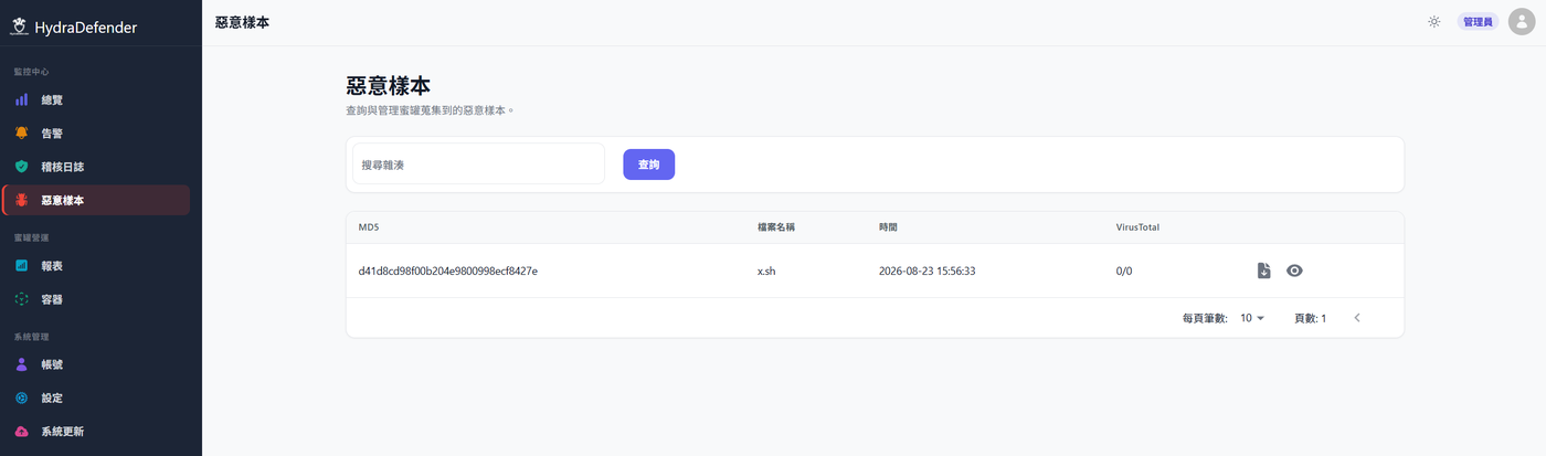 HydraDefender 惡意樣本頁面，表格列出樣本的 MD5 雜湊值、檔案名稱、取得時間與 VirusTotal 查詢結果，並提供雜湊搜尋欄位。